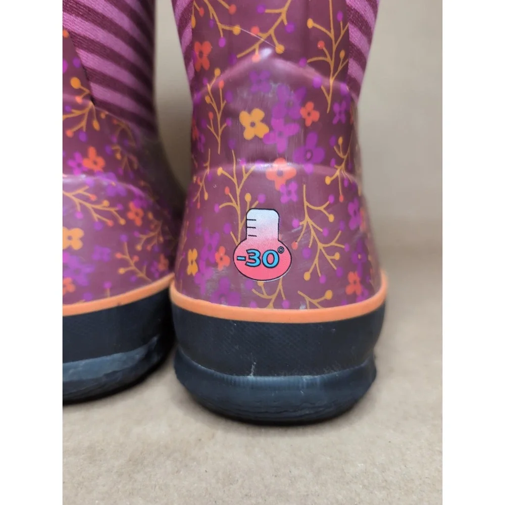 Bogs Youth 5 Winter Boots Pink Orange Stripes Flowers Waterproof Snow Pull On